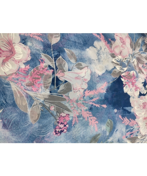 Niebieska elastyczna dzianina Jersey - białe i różowe kwiaty